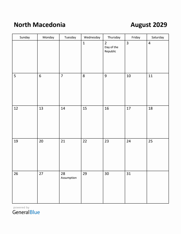August 2029 Calendar with North Macedonia Holidays