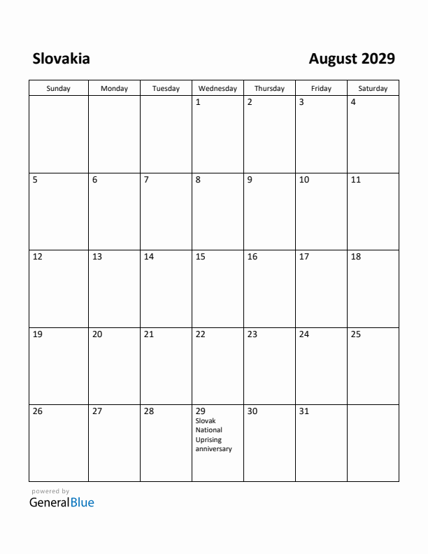 August 2029 Calendar with Slovakia Holidays