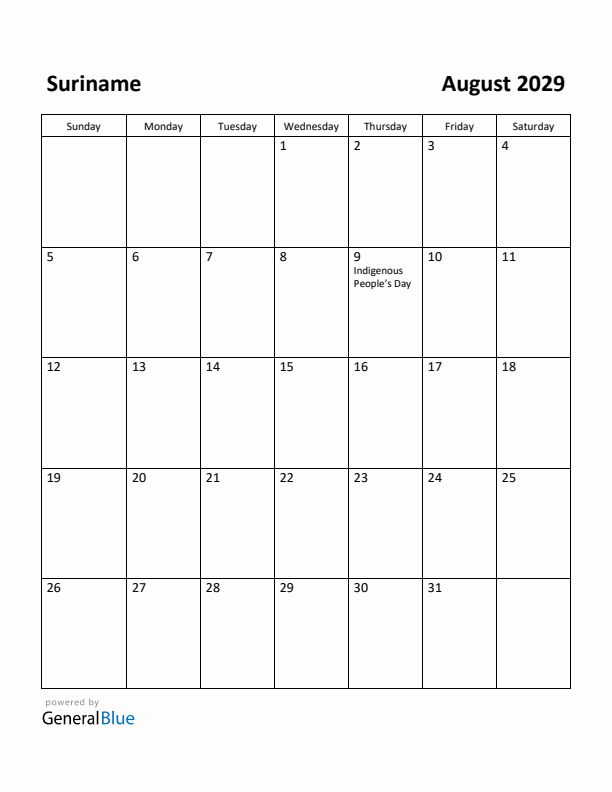 August 2029 Calendar with Suriname Holidays