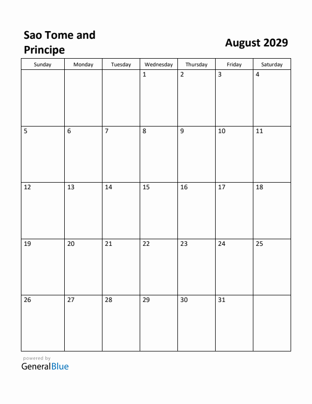 August 2029 Calendar with Sao Tome and Principe Holidays