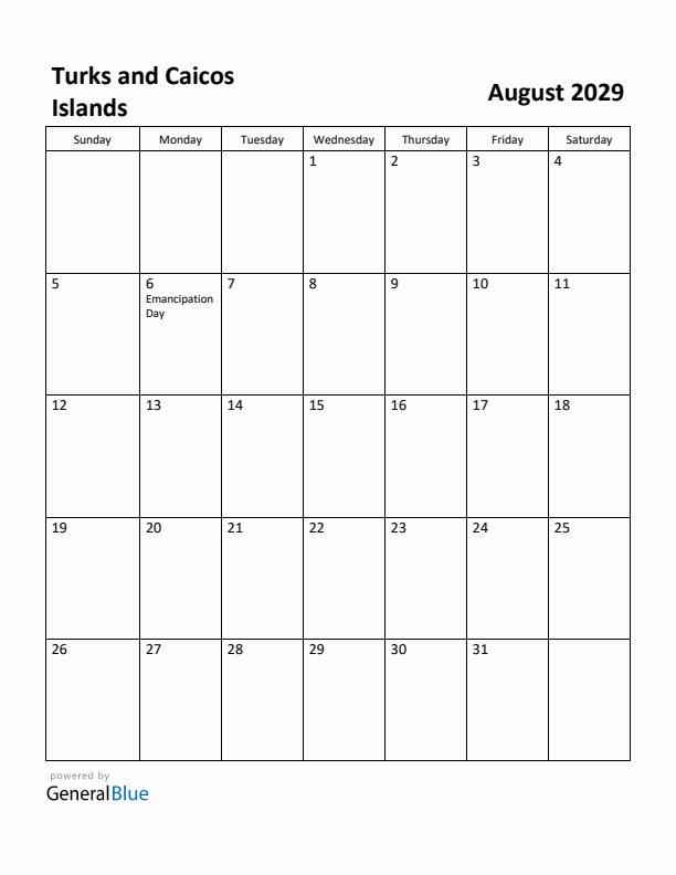 August 2029 Calendar with Turks and Caicos Islands Holidays