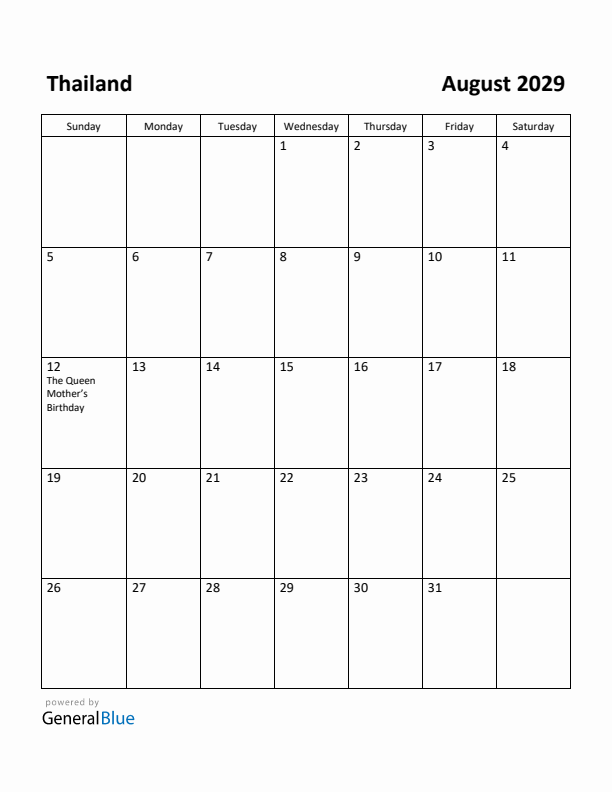 August 2029 Calendar with Thailand Holidays