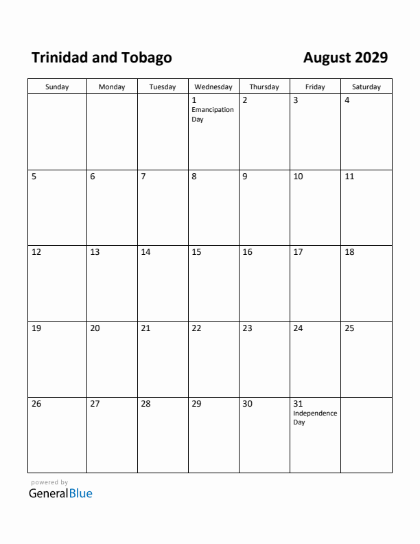 August 2029 Calendar with Trinidad and Tobago Holidays