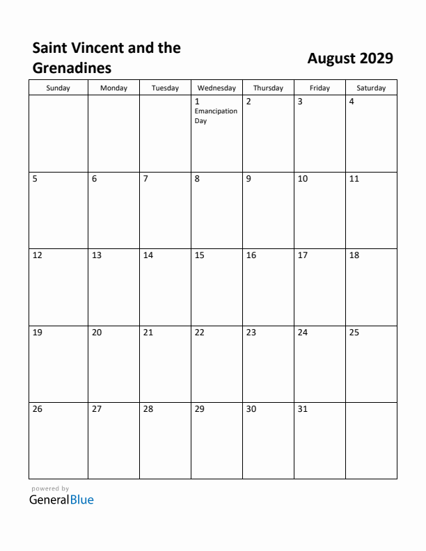 August 2029 Calendar with Saint Vincent and the Grenadines Holidays