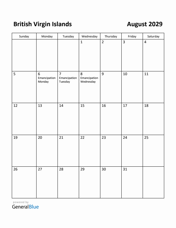 August 2029 Calendar with British Virgin Islands Holidays