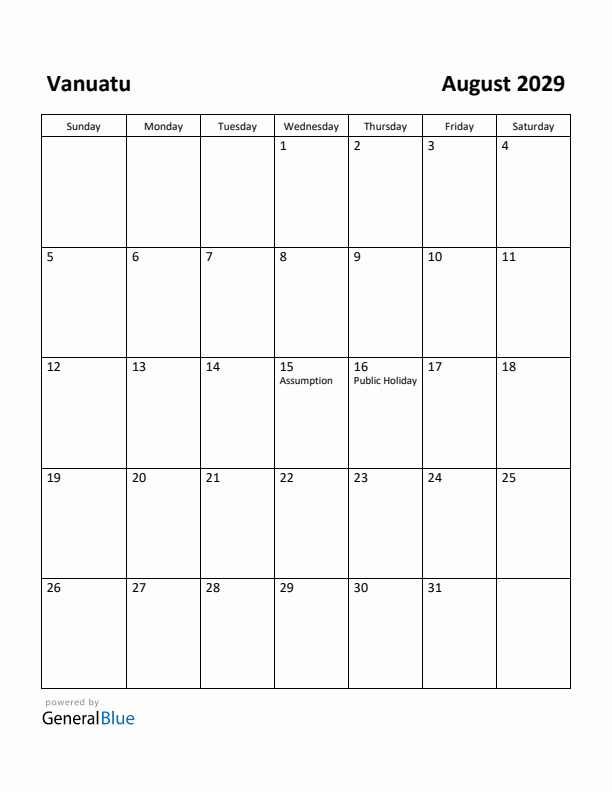 August 2029 Calendar with Vanuatu Holidays