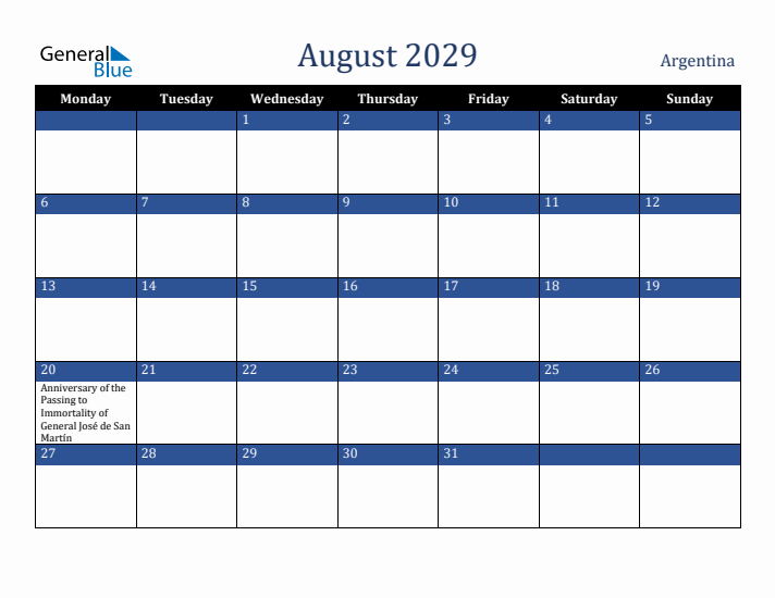August 2029 Argentina Calendar (Monday Start)