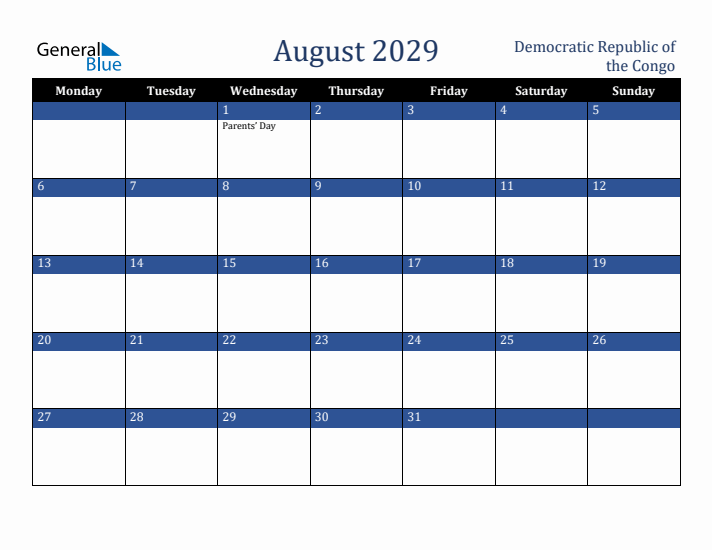 August 2029 Democratic Republic of the Congo Calendar (Monday Start)