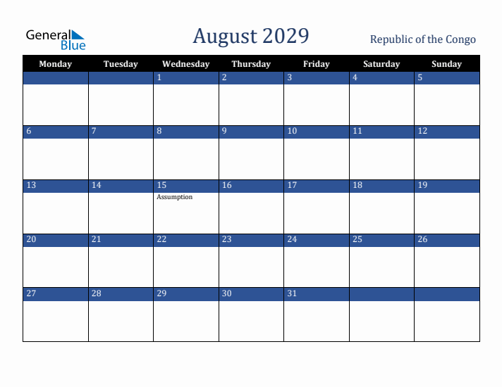 August 2029 Republic of the Congo Calendar (Monday Start)