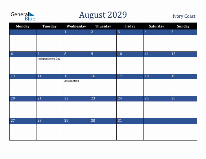 August 2029 Ivory Coast Calendar (Monday Start)