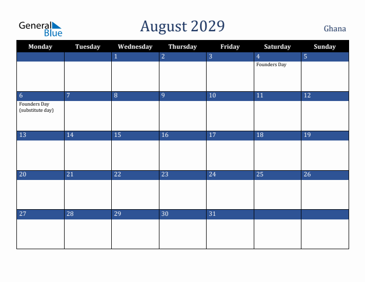August 2029 Ghana Calendar (Monday Start)