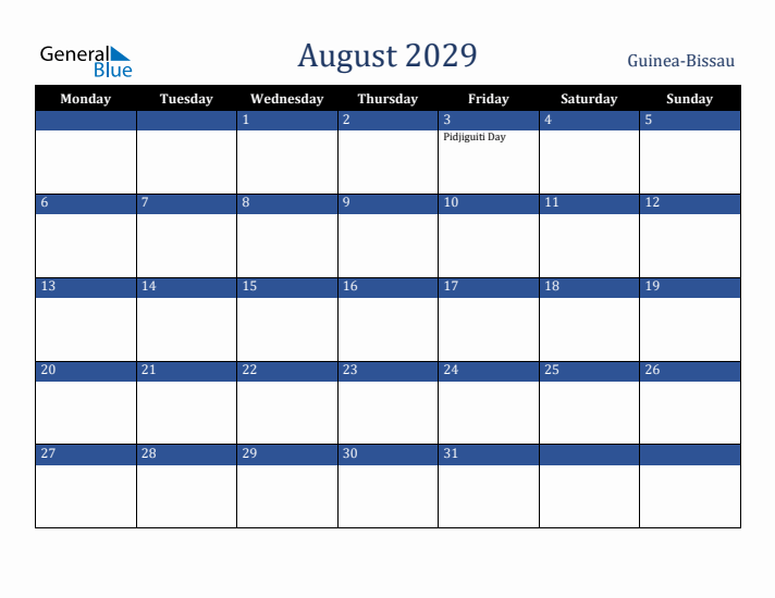 August 2029 Guinea-Bissau Calendar (Monday Start)