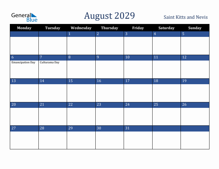 August 2029 Saint Kitts and Nevis Calendar (Monday Start)
