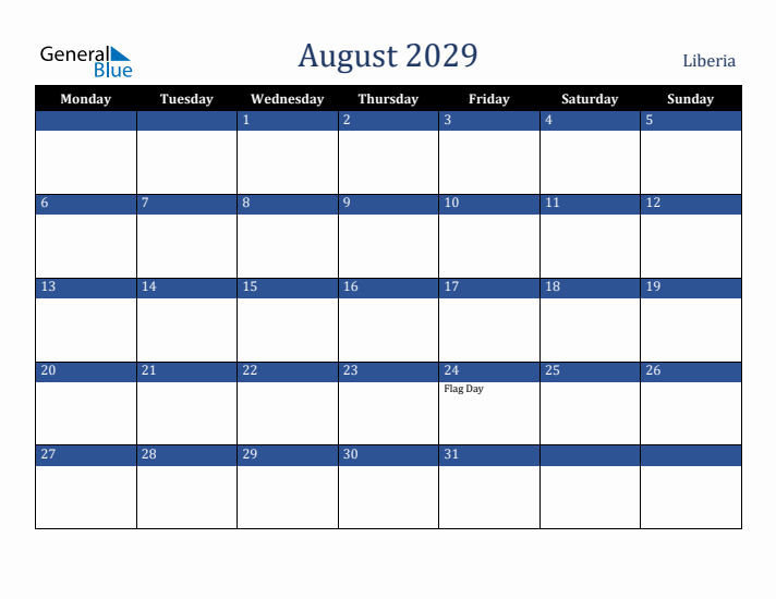 August 2029 Liberia Calendar (Monday Start)