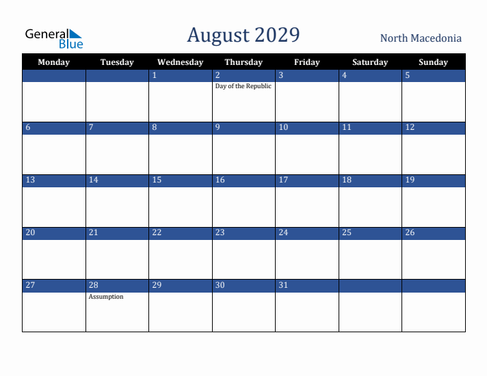 August 2029 North Macedonia Calendar (Monday Start)