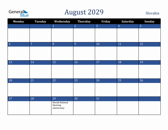August 2029 Slovakia Calendar (Monday Start)