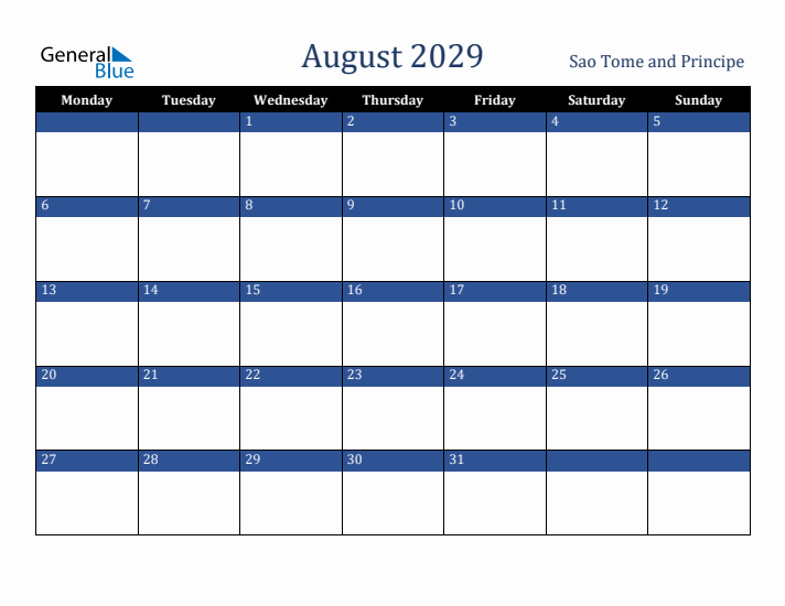 August 2029 Sao Tome and Principe Calendar (Monday Start)