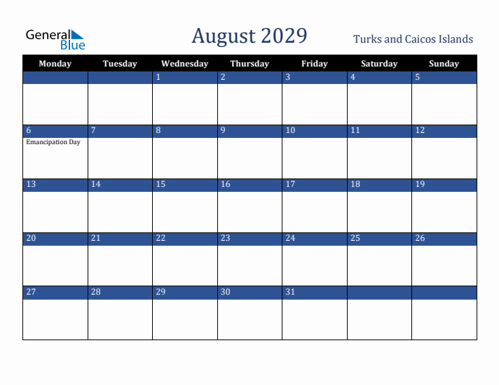 August 2029 Turks and Caicos Islands Calendar (Monday Start)