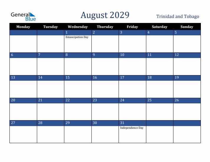 August 2029 Trinidad and Tobago Calendar (Monday Start)