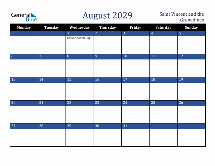 August 2029 Saint Vincent and the Grenadines Calendar (Monday Start)