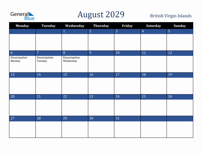 August 2029 British Virgin Islands Calendar (Monday Start)