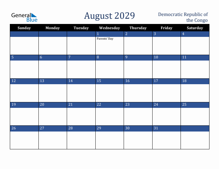 August 2029 Democratic Republic of the Congo Calendar (Sunday Start)