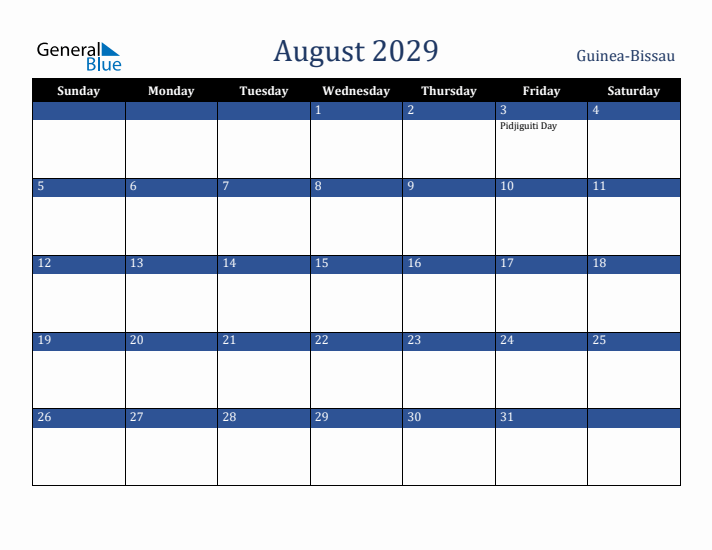 August 2029 Guinea-Bissau Calendar (Sunday Start)