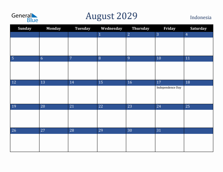 August 2029 Indonesia Calendar (Sunday Start)