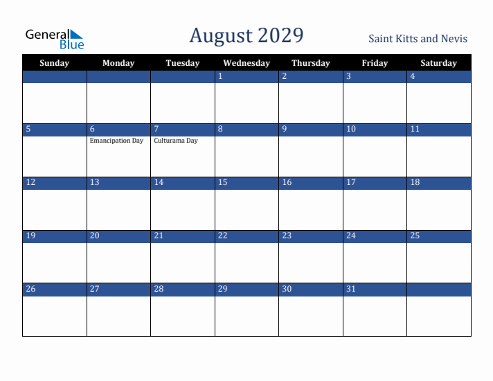 August 2029 Saint Kitts and Nevis Calendar (Sunday Start)