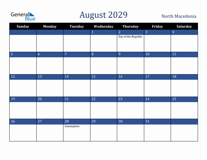 August 2029 North Macedonia Calendar (Sunday Start)