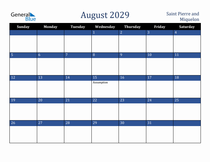 August 2029 Saint Pierre and Miquelon Calendar (Sunday Start)