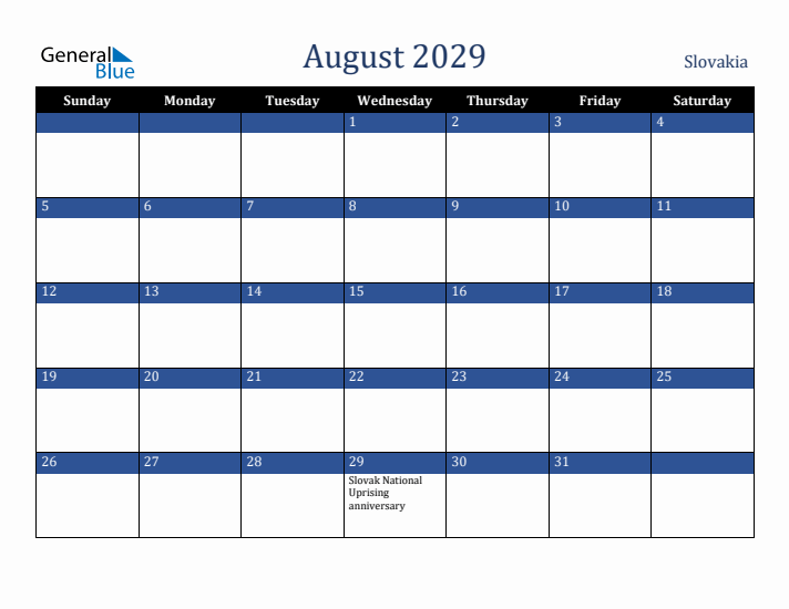 August 2029 Slovakia Calendar (Sunday Start)