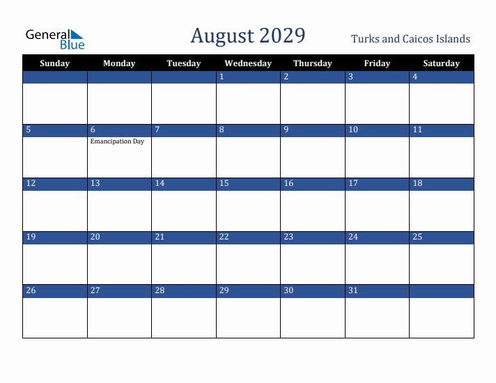 August 2029 Turks and Caicos Islands Calendar (Sunday Start)