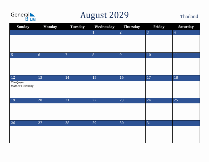 August 2029 Thailand Calendar (Sunday Start)