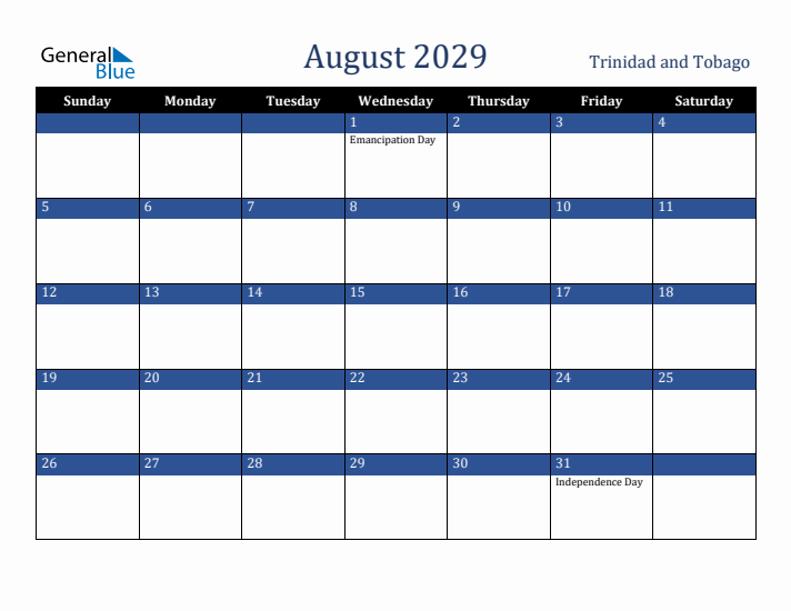 August 2029 Trinidad and Tobago Calendar (Sunday Start)