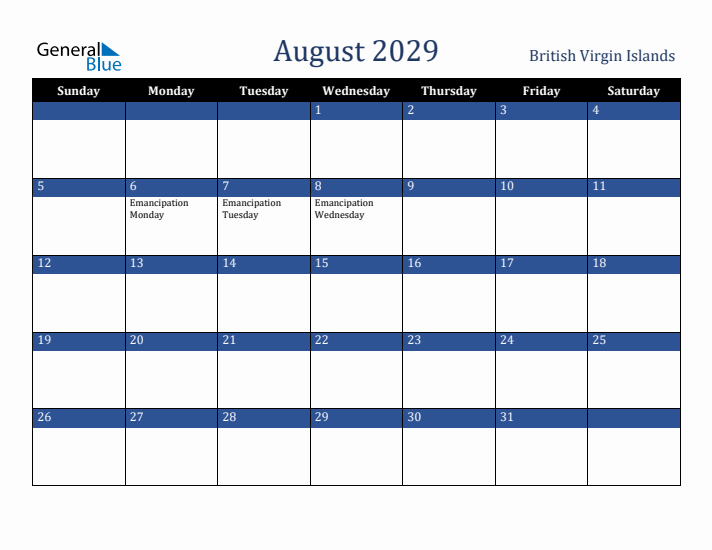 August 2029 British Virgin Islands Calendar (Sunday Start)