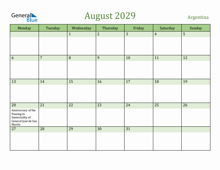 August 2029 Calendar with Argentina Holidays