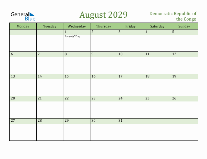 August 2029 Calendar with Democratic Republic of the Congo Holidays