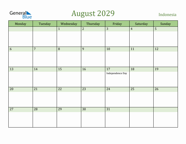 August 2029 Calendar with Indonesia Holidays