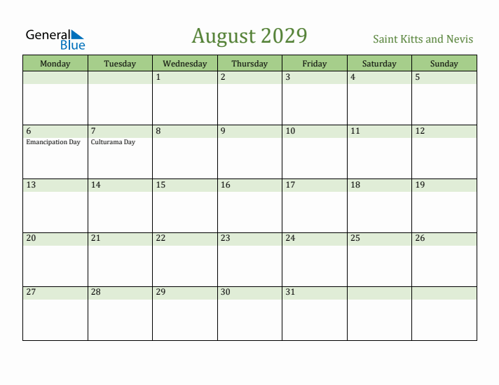 August 2029 Calendar with Saint Kitts and Nevis Holidays