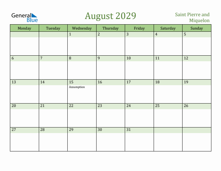 August 2029 Calendar with Saint Pierre and Miquelon Holidays