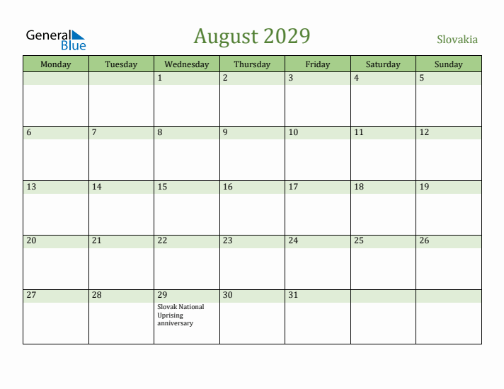 August 2029 Calendar with Slovakia Holidays