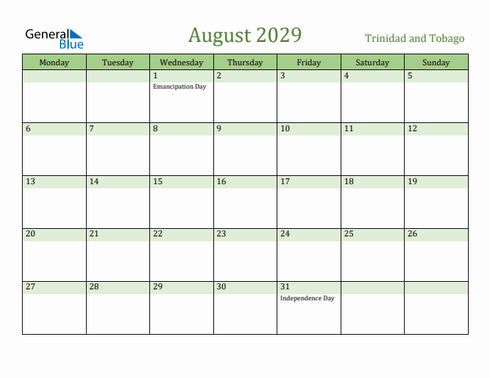 August 2029 Calendar with Trinidad and Tobago Holidays