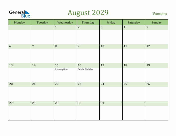 August 2029 Calendar with Vanuatu Holidays