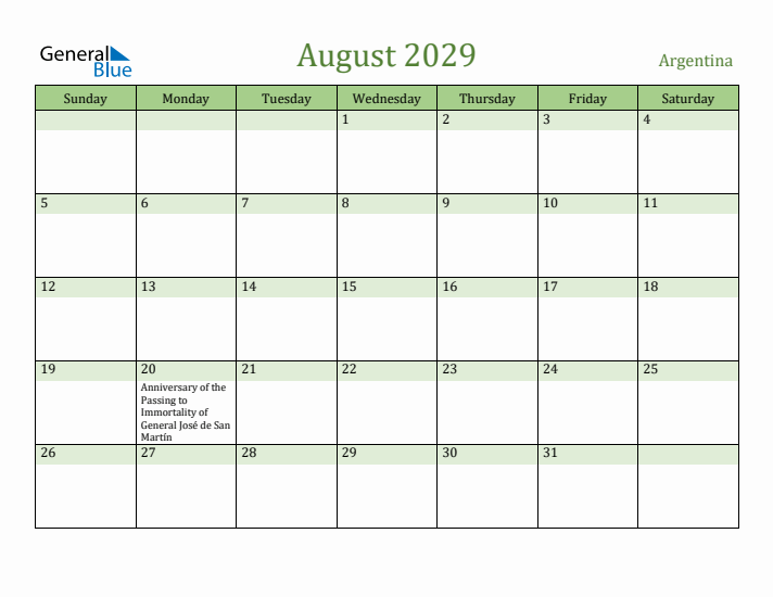 August 2029 Calendar with Argentina Holidays