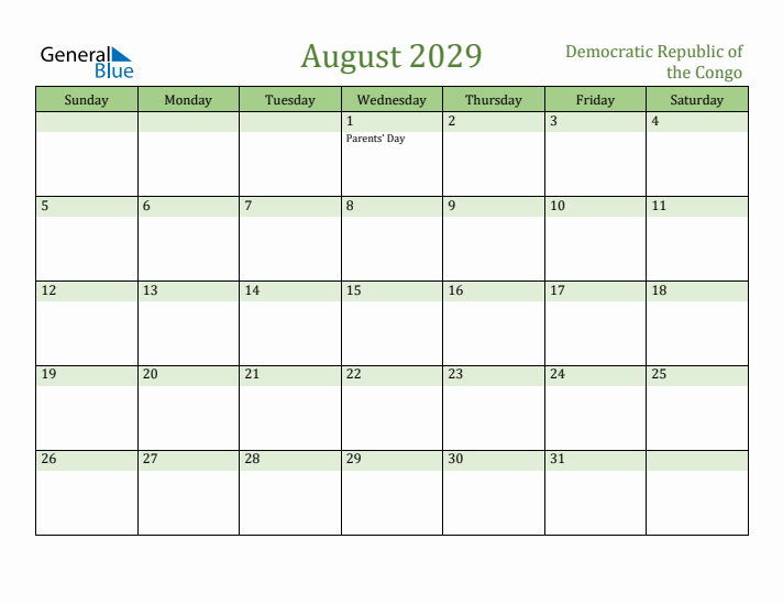 August 2029 Calendar with Democratic Republic of the Congo Holidays
