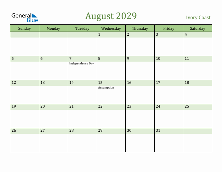 August 2029 Calendar with Ivory Coast Holidays