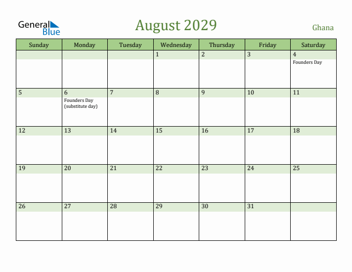 August 2029 Calendar with Ghana Holidays