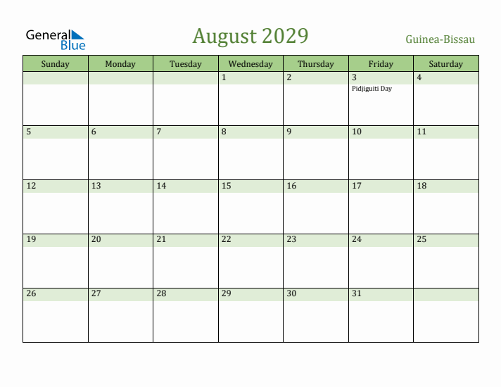 August 2029 Calendar with Guinea-Bissau Holidays