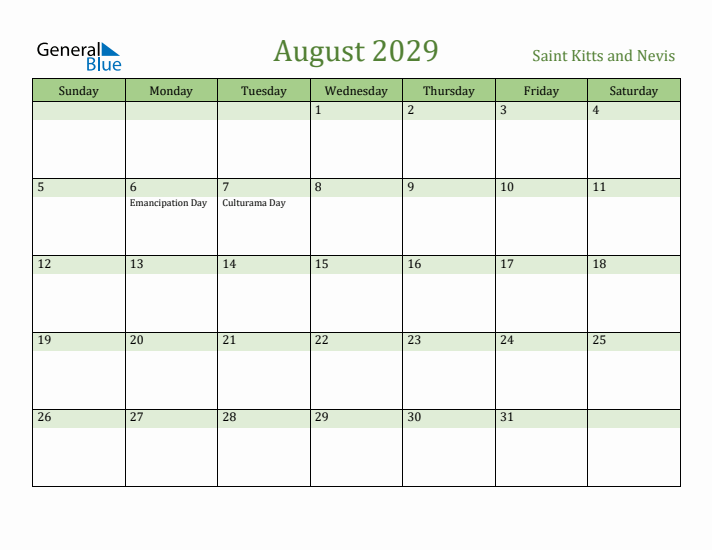 August 2029 Calendar with Saint Kitts and Nevis Holidays